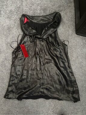 Jennifer Lopez Black Satin Tie-Neck Top with Red Tag